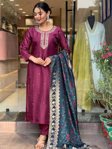 Enchanting Burgundy Color Rayon Event Wear Pant Suit With Dupatta